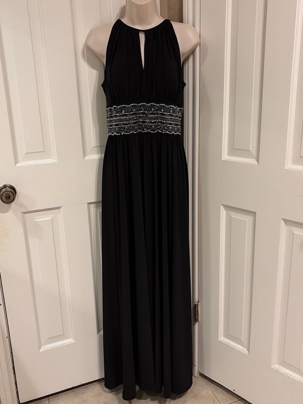 R&M Richards Black Halter Maxi Gown with Beaded Waist
